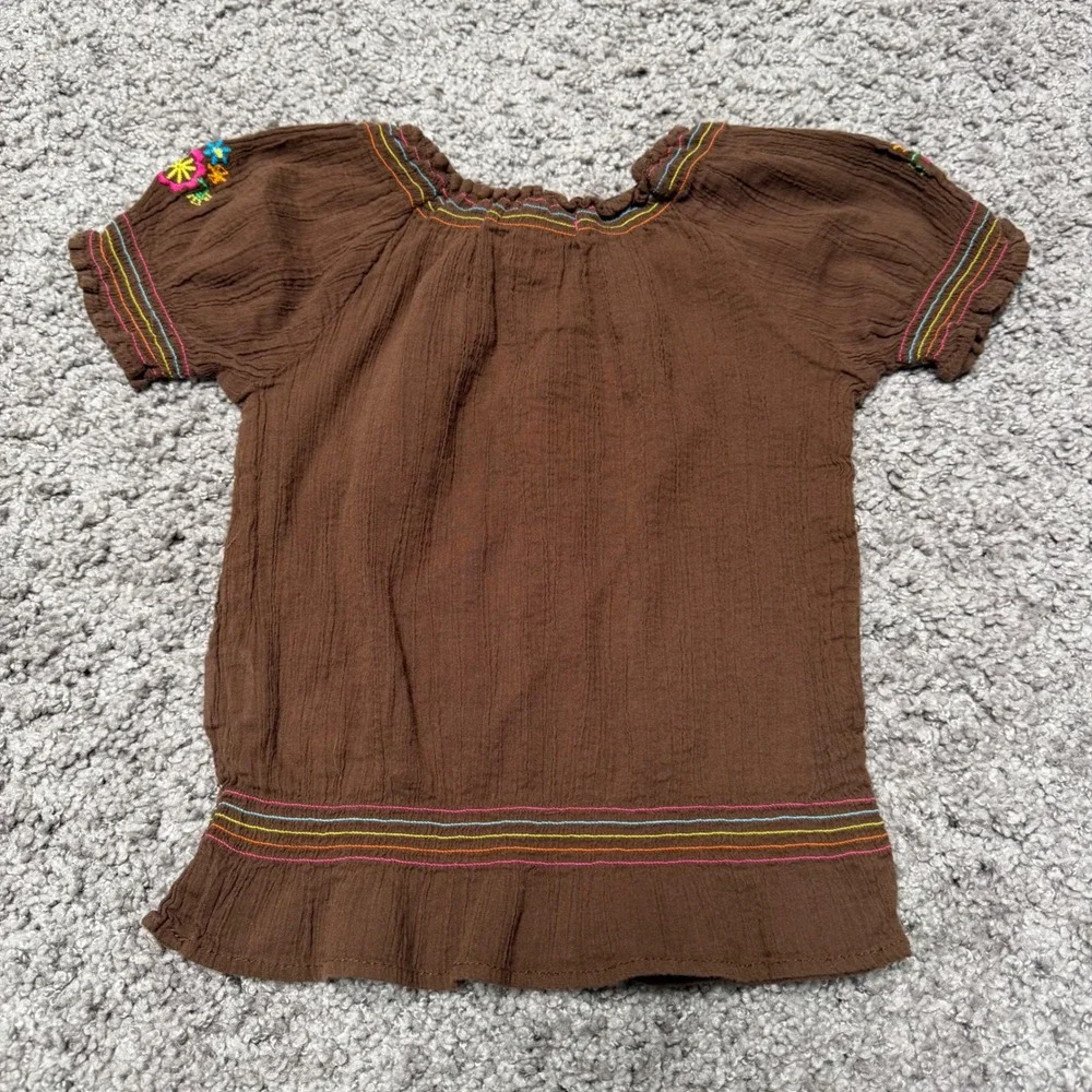 Y2K Vintage Childrens Place Embroidered Gauze Peasant Top Brown Toddler Girl 24M
